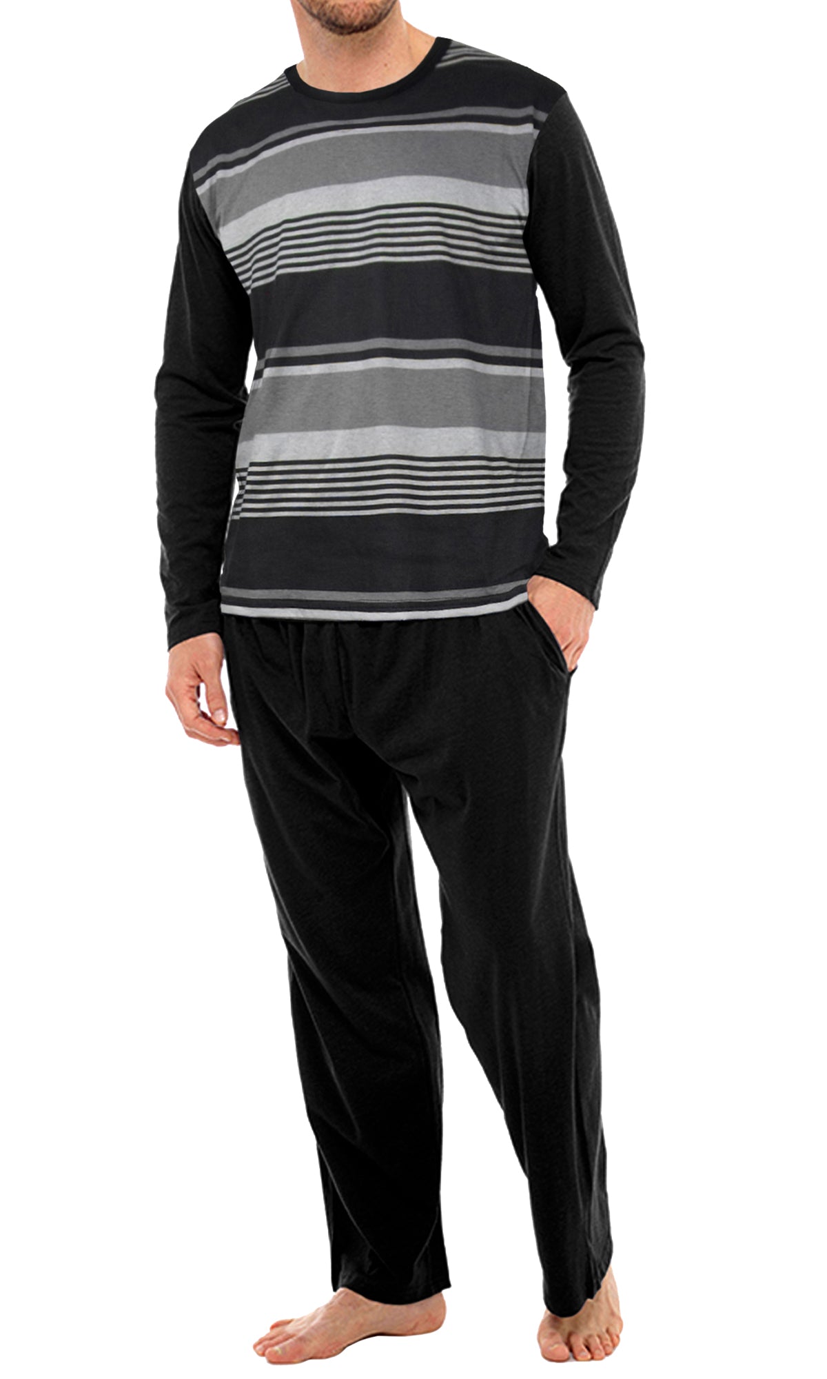 Crest Pyjamas Set Pyjamas Crest_Black_Grey_Stripes_Model Location Clothing