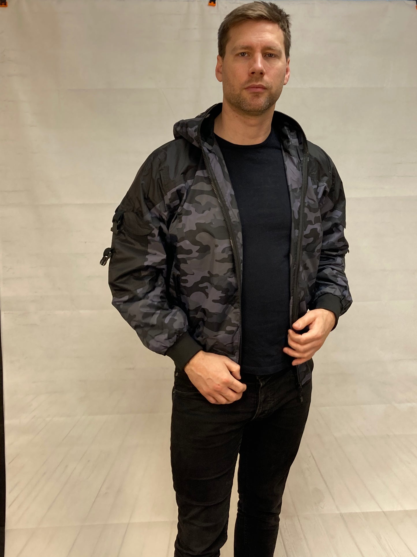 Hunter WR Goggle Bomber Jacket Camo and Black Bomber Jacket Location Clothing