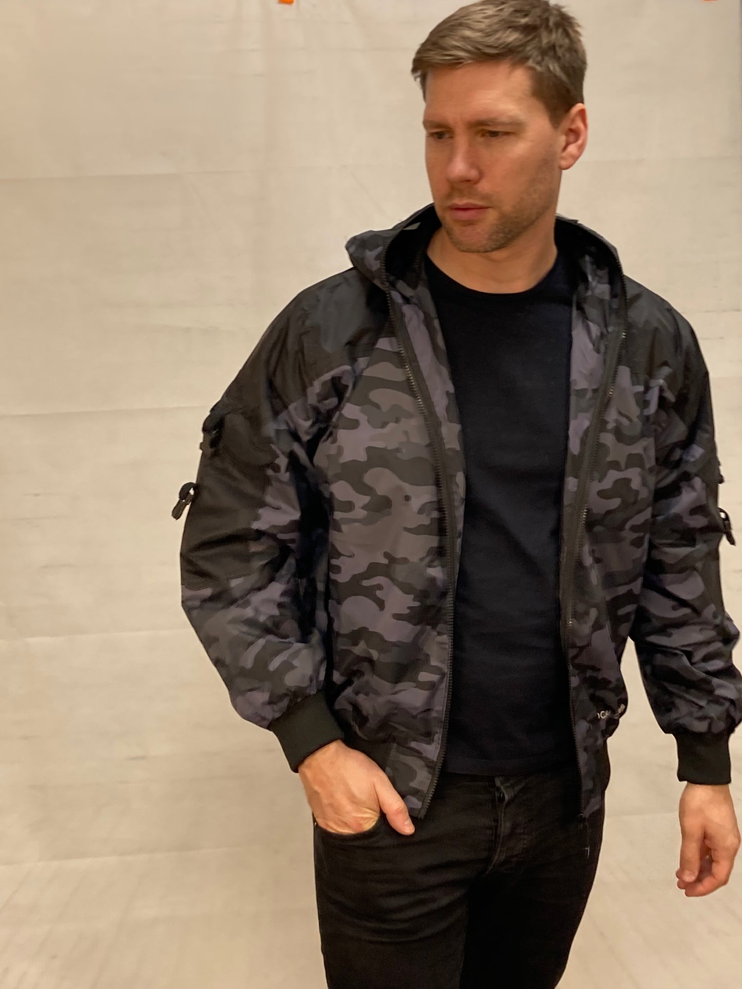Hunter WR Goggle Bomber Jacket Camo and Black Bomber Jacket Location Clothing