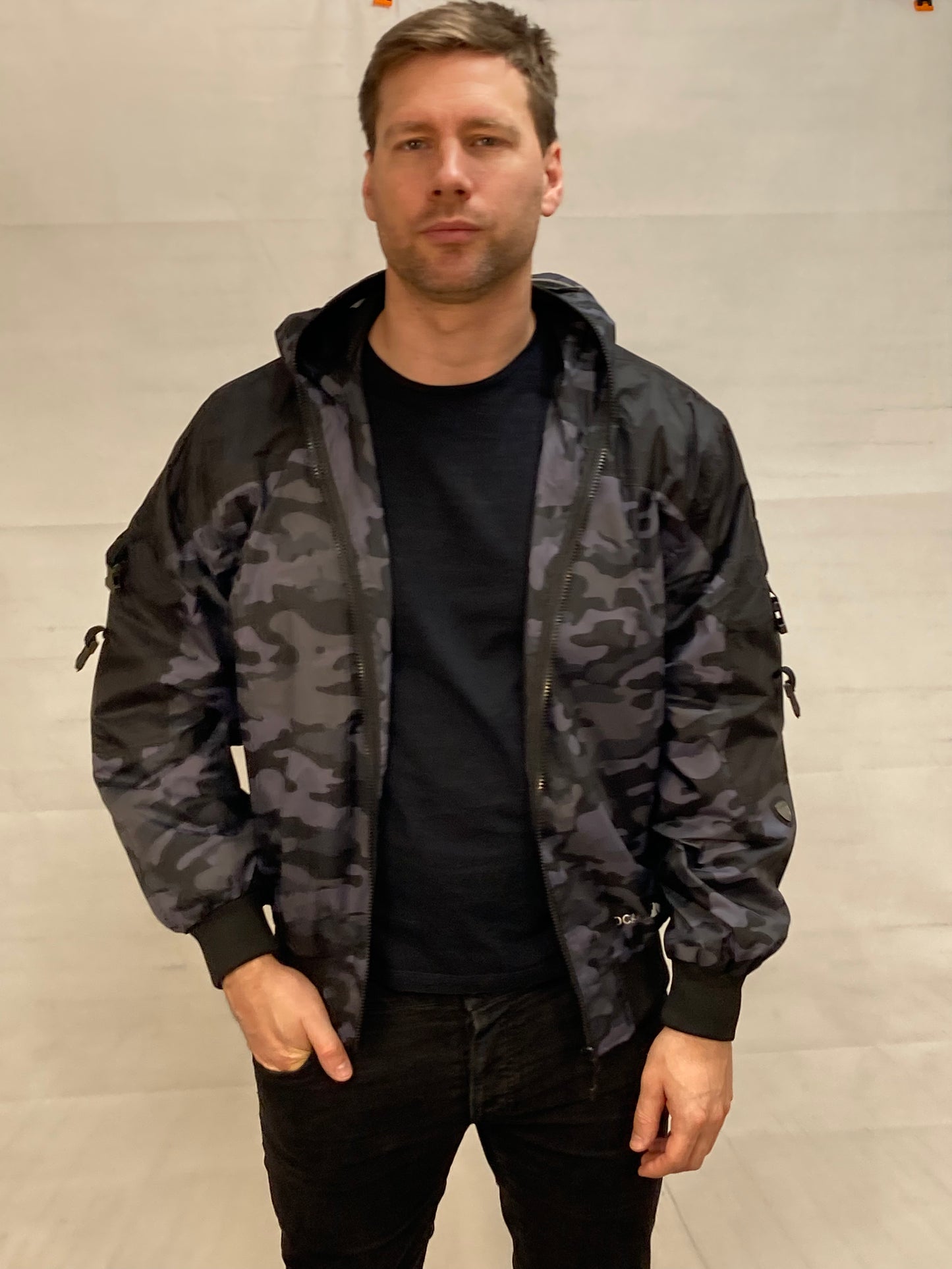 Hunter WR Goggle Bomber Jacket Camo and Black Bomber Jacket Location Clothing