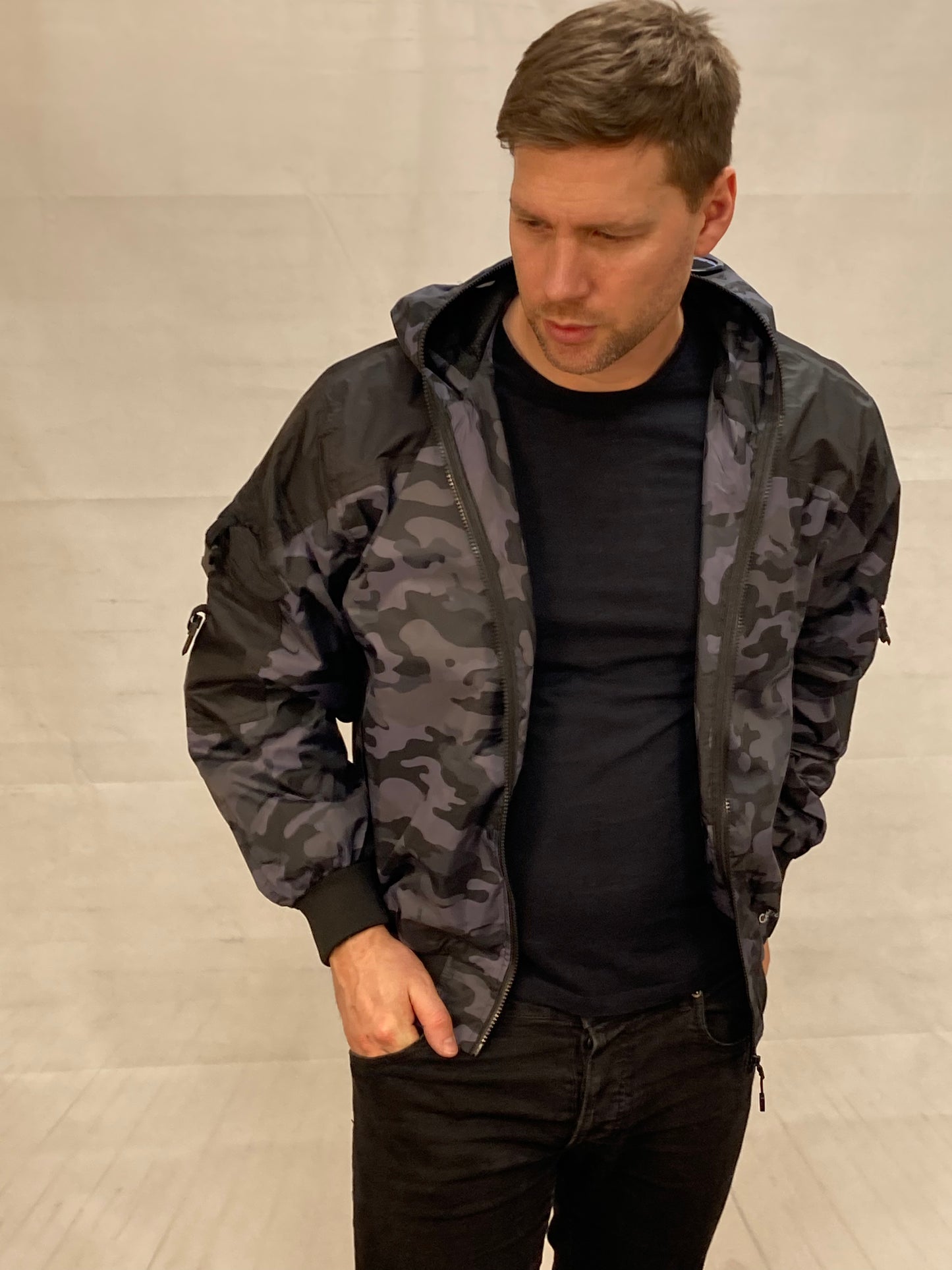 Hunter WR Goggle Bomber Jacket Camo and Black Bomber Jacket Location Clothing