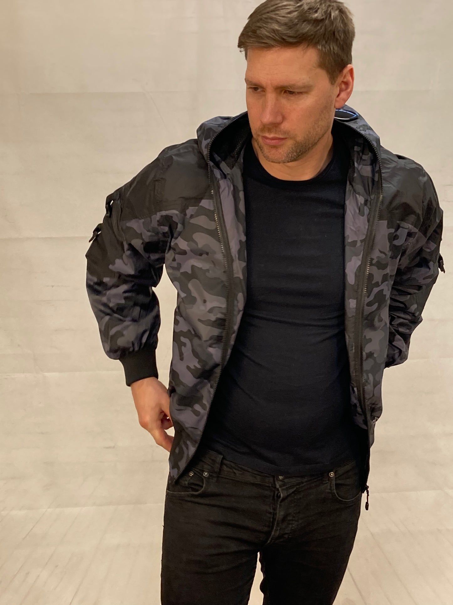 Hunter WR Goggle Bomber Jacket Camo and Black Bomber Jacket Location Clothing