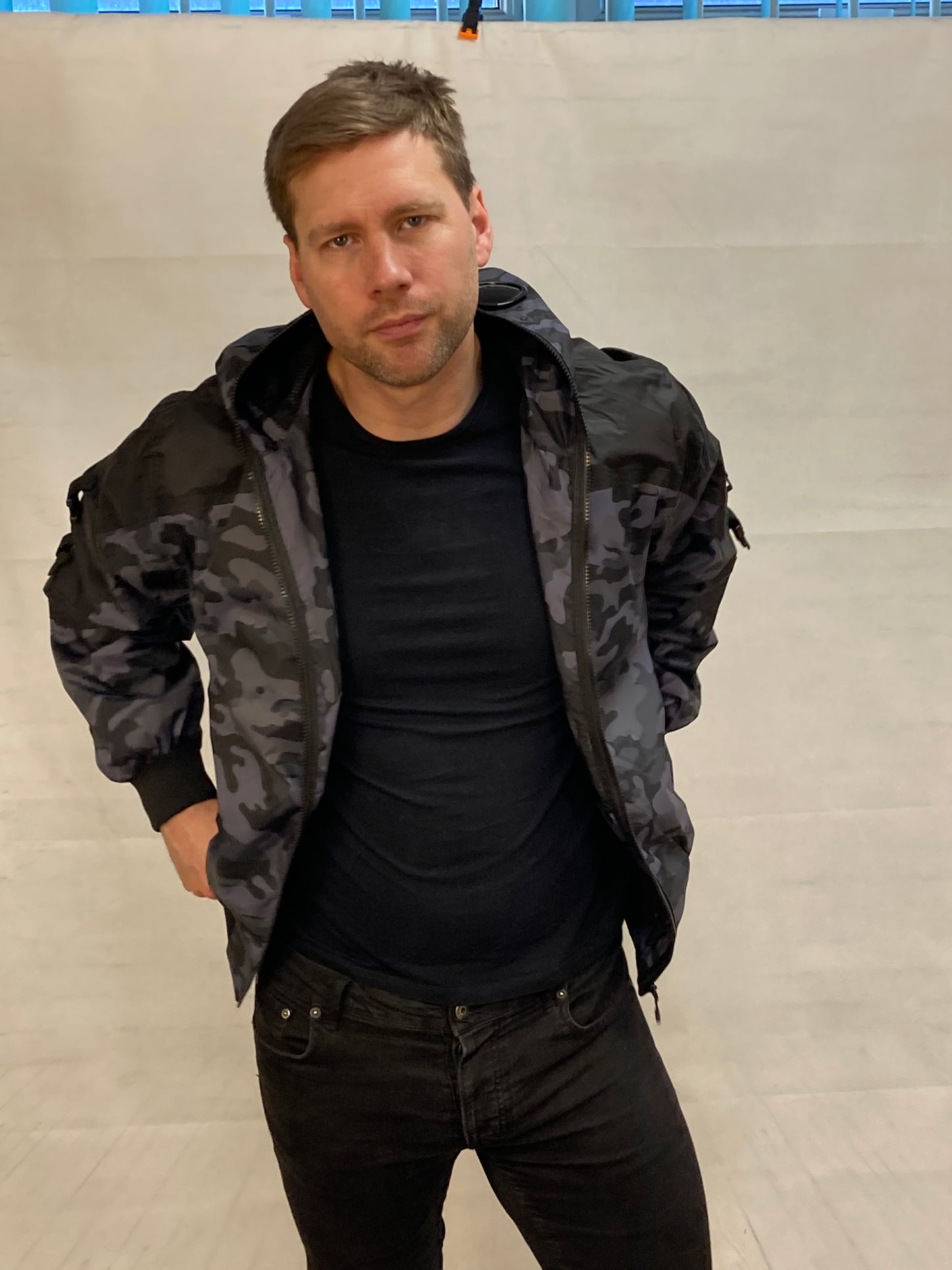 Hunter WR Goggle Bomber Jacket Camo and Black Bomber Jacket Location Clothing