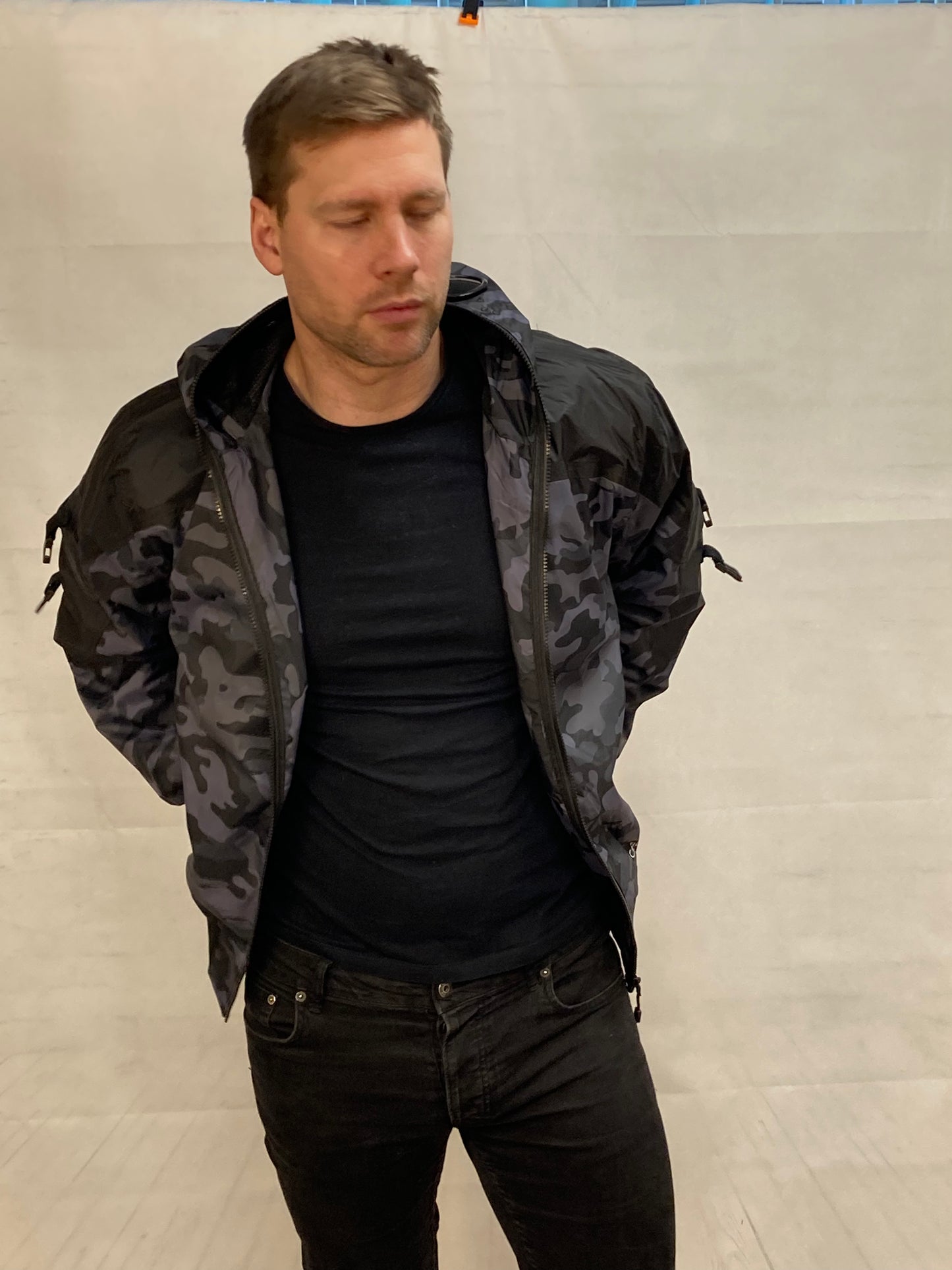 Hunter WR Goggle Bomber Jacket Camo and Black Bomber Jacket Location Clothing