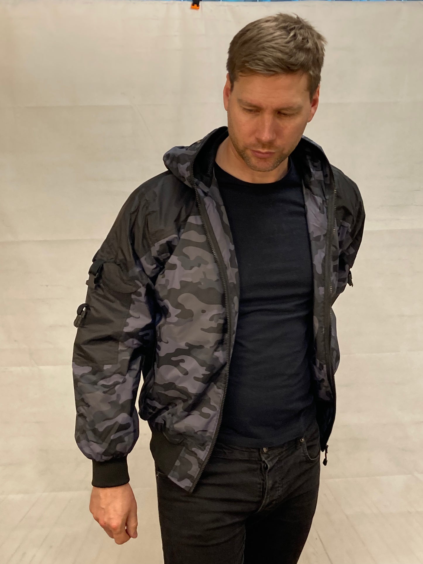 Hunter WR Goggle Bomber Jacket Camo and Black Bomber Jacket Location Clothing