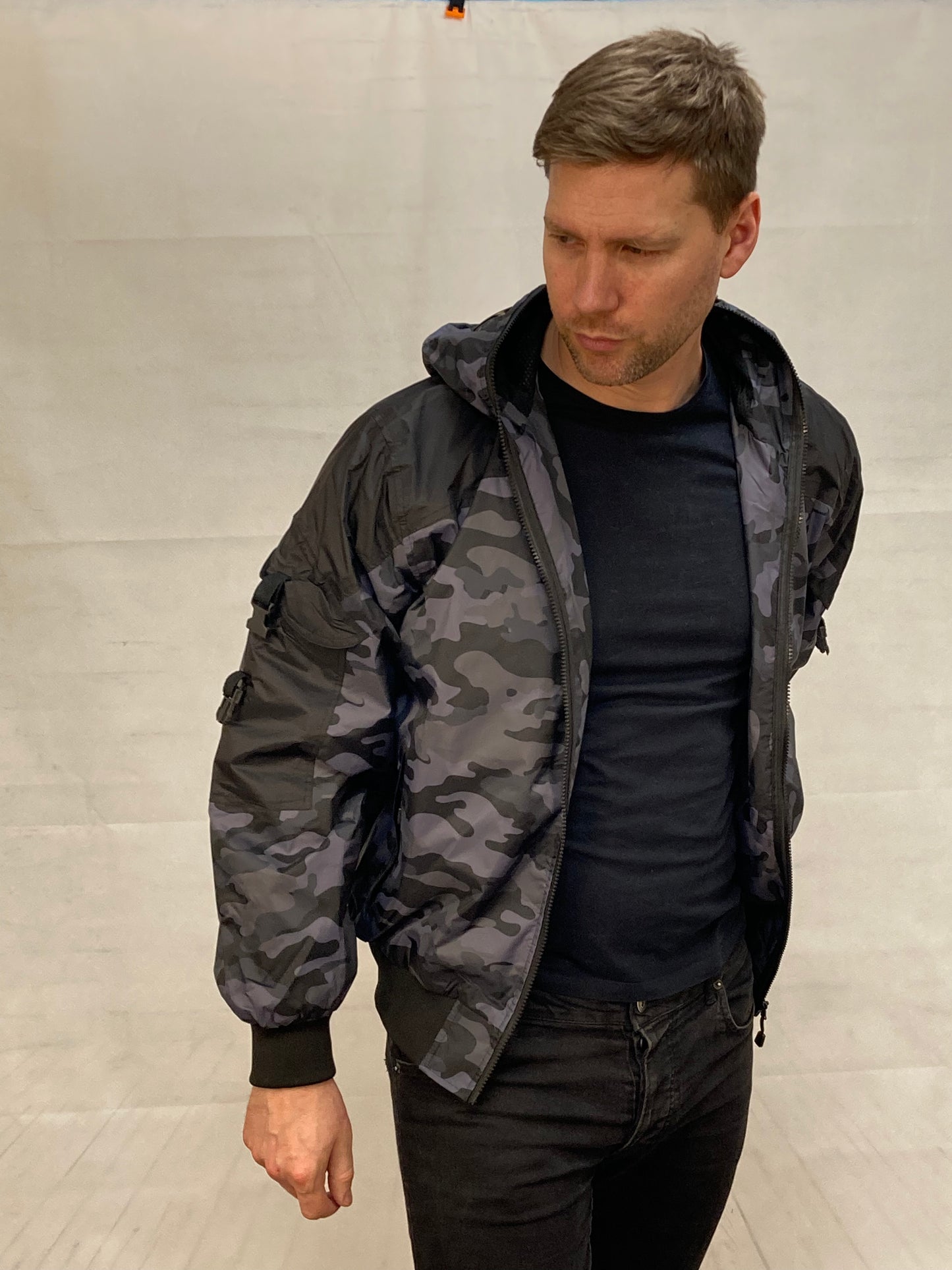 Hunter WR Goggle Bomber Jacket Camo and Black Bomber Jacket Location Clothing