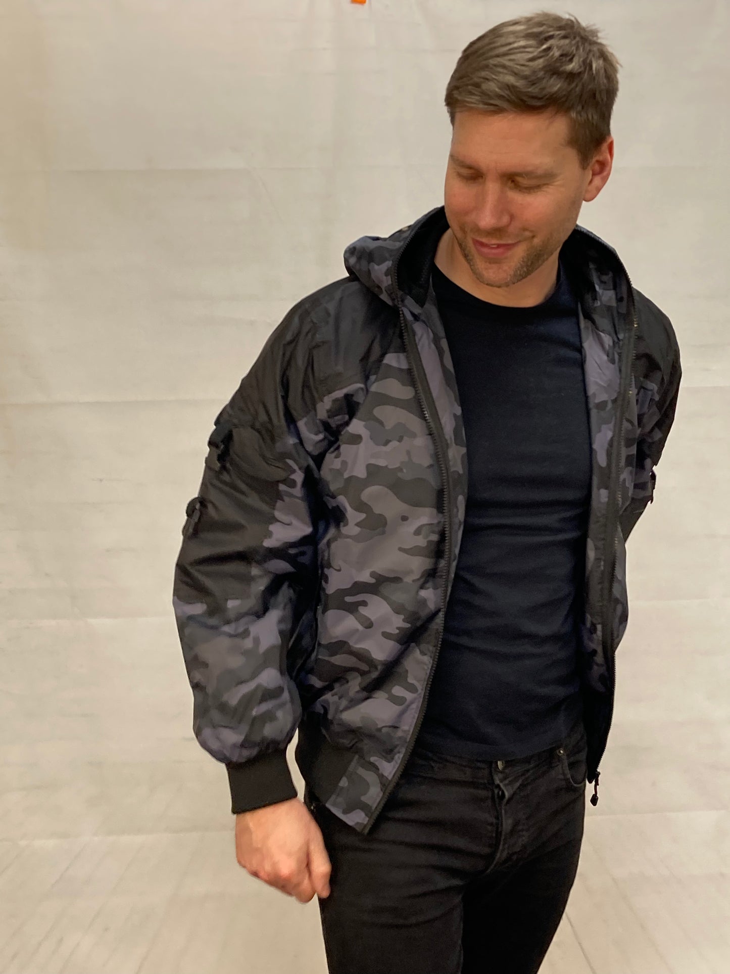Hunter WR Goggle Bomber Jacket Camo and Black Bomber Jacket Location Clothing