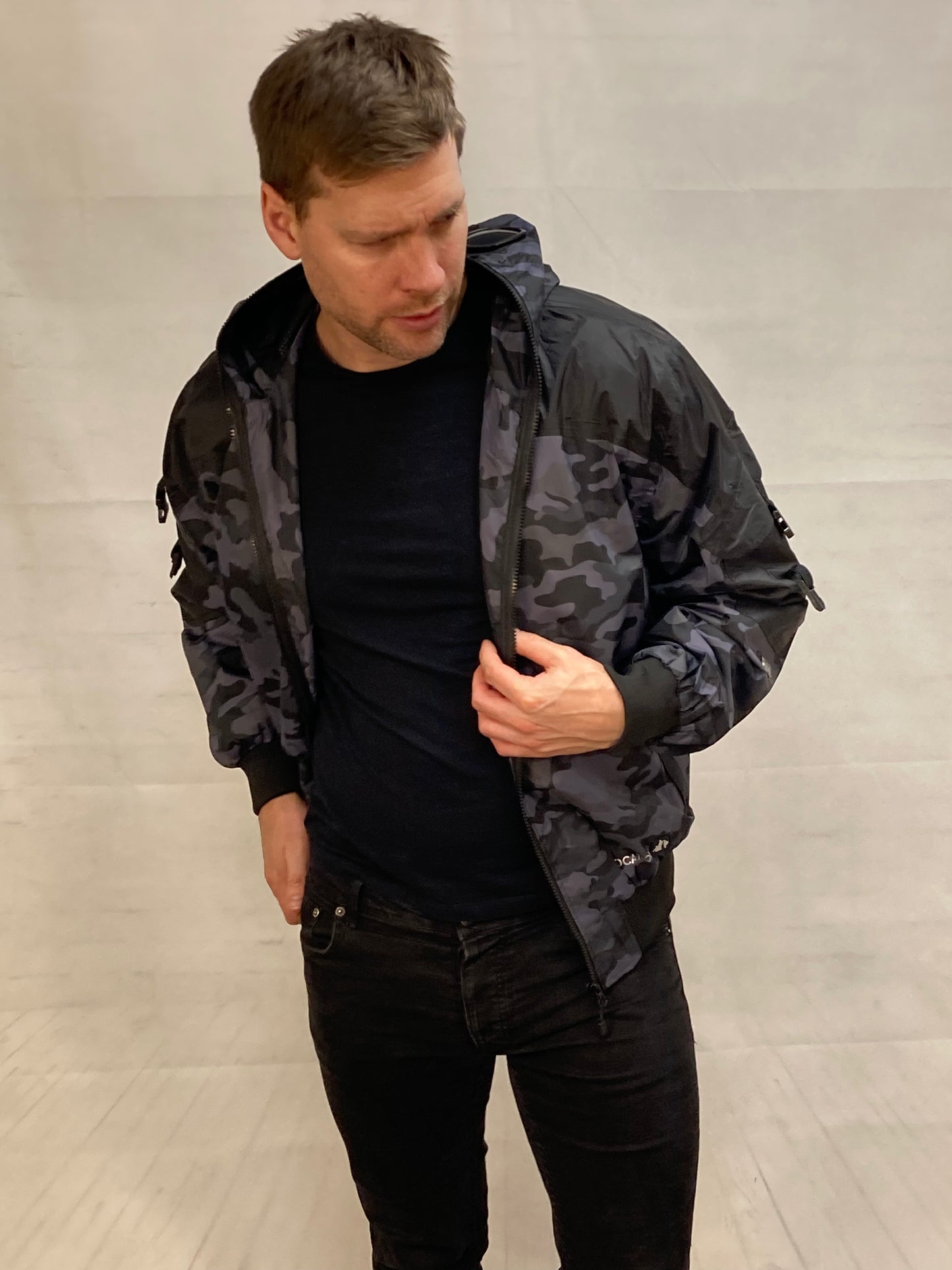 Hunter WR Goggle Bomber Jacket Camo and Black Bomber Jacket Location Clothing