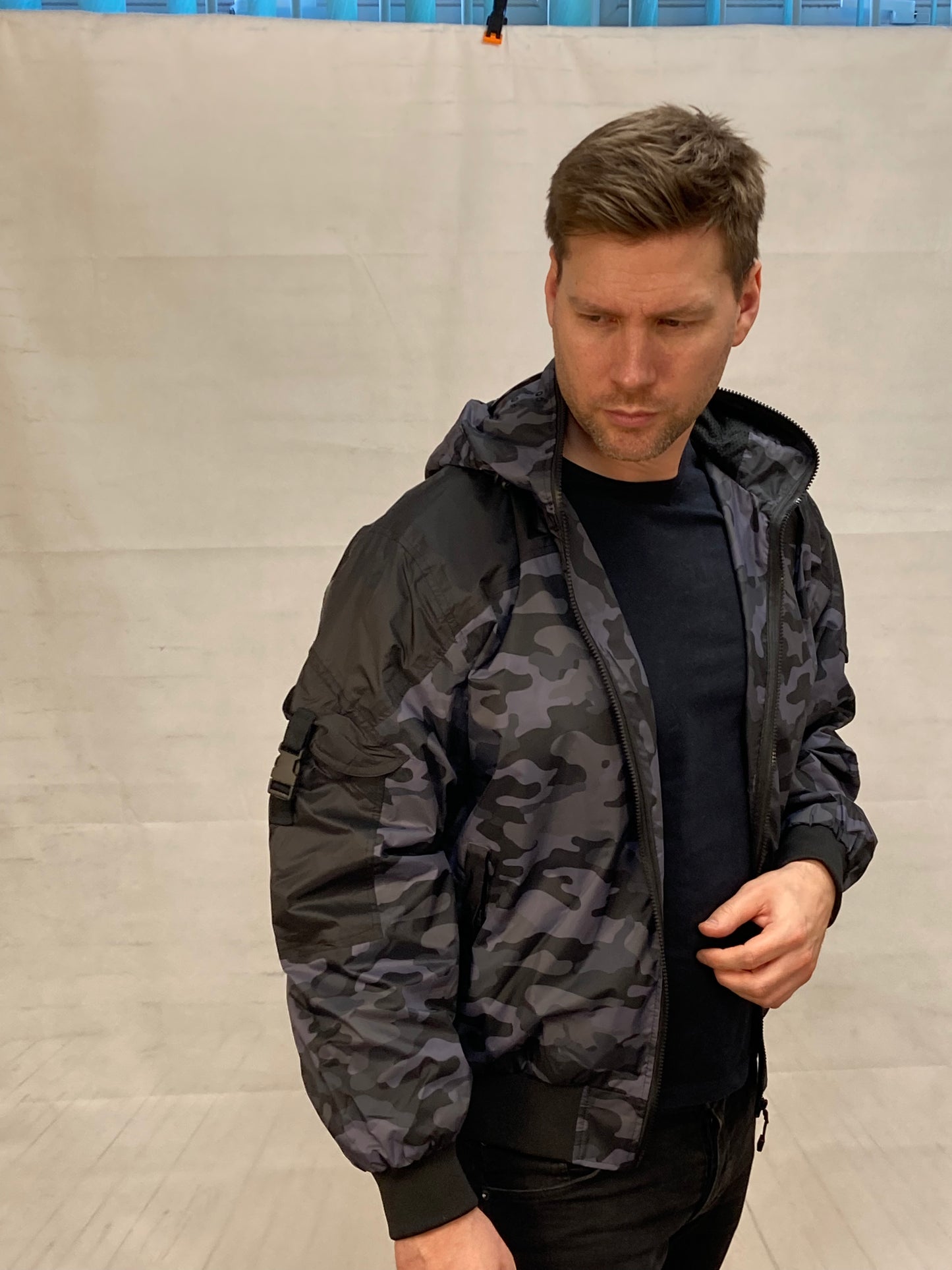 Hunter WR Goggle Bomber Jacket Camo and Black Bomber Jacket Location Clothing