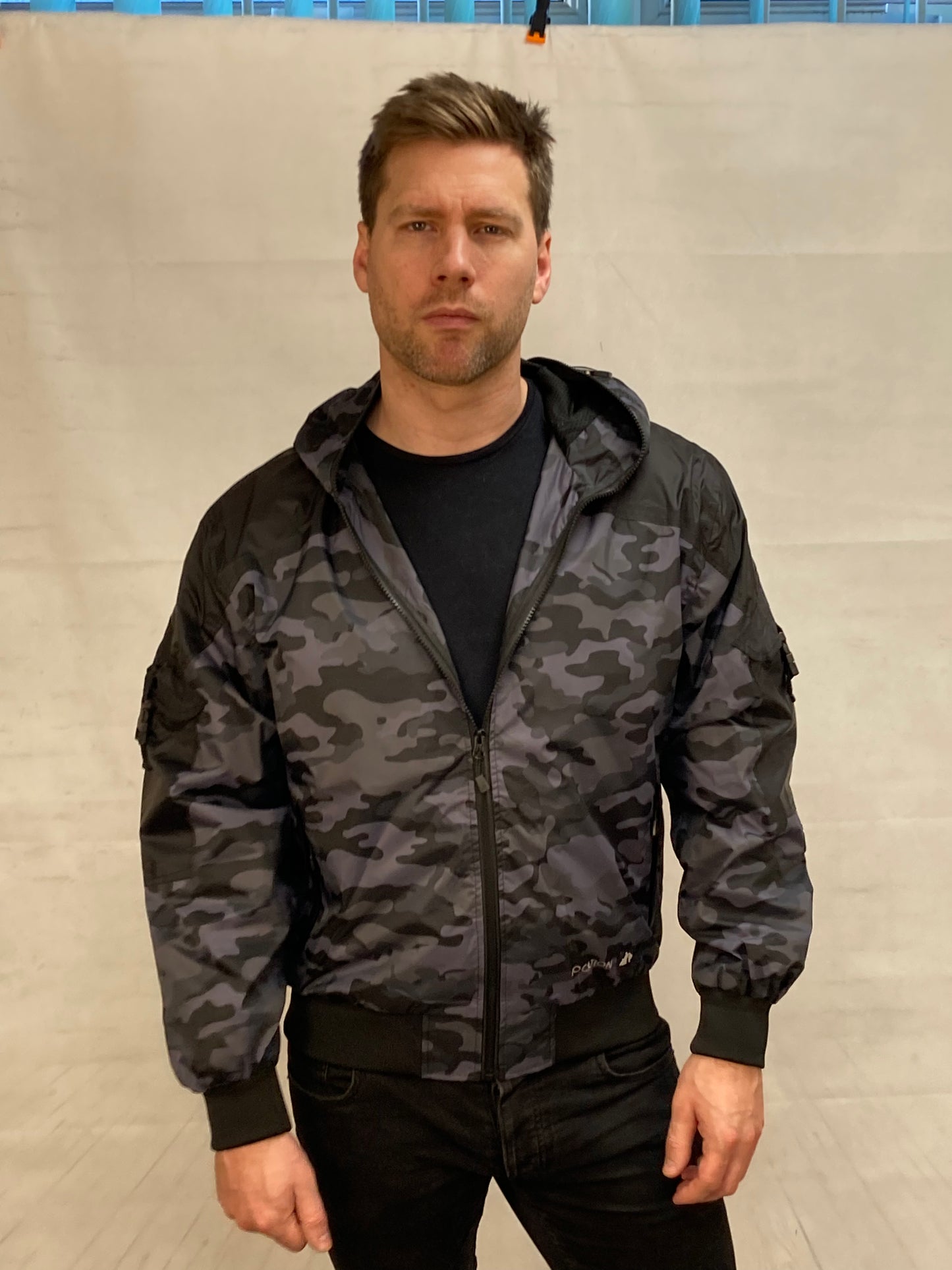 Hunter WR Goggle Bomber Jacket Camo and Black Bomber Jacket Location Clothing