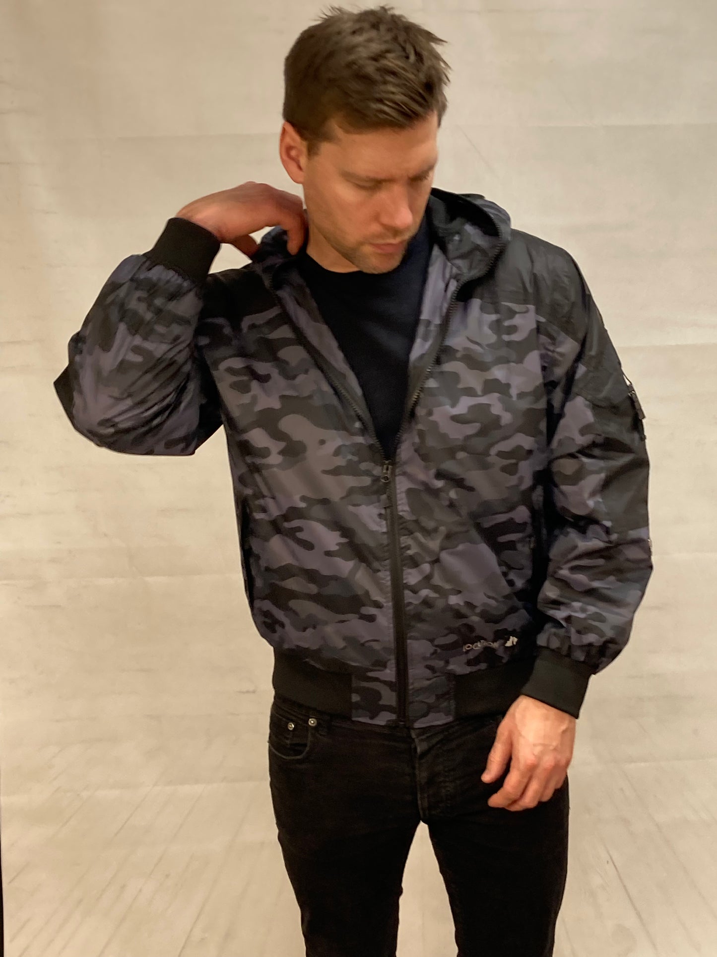 Hunter WR Goggle Bomber Jacket Camo and Black Bomber Jacket Location Clothing