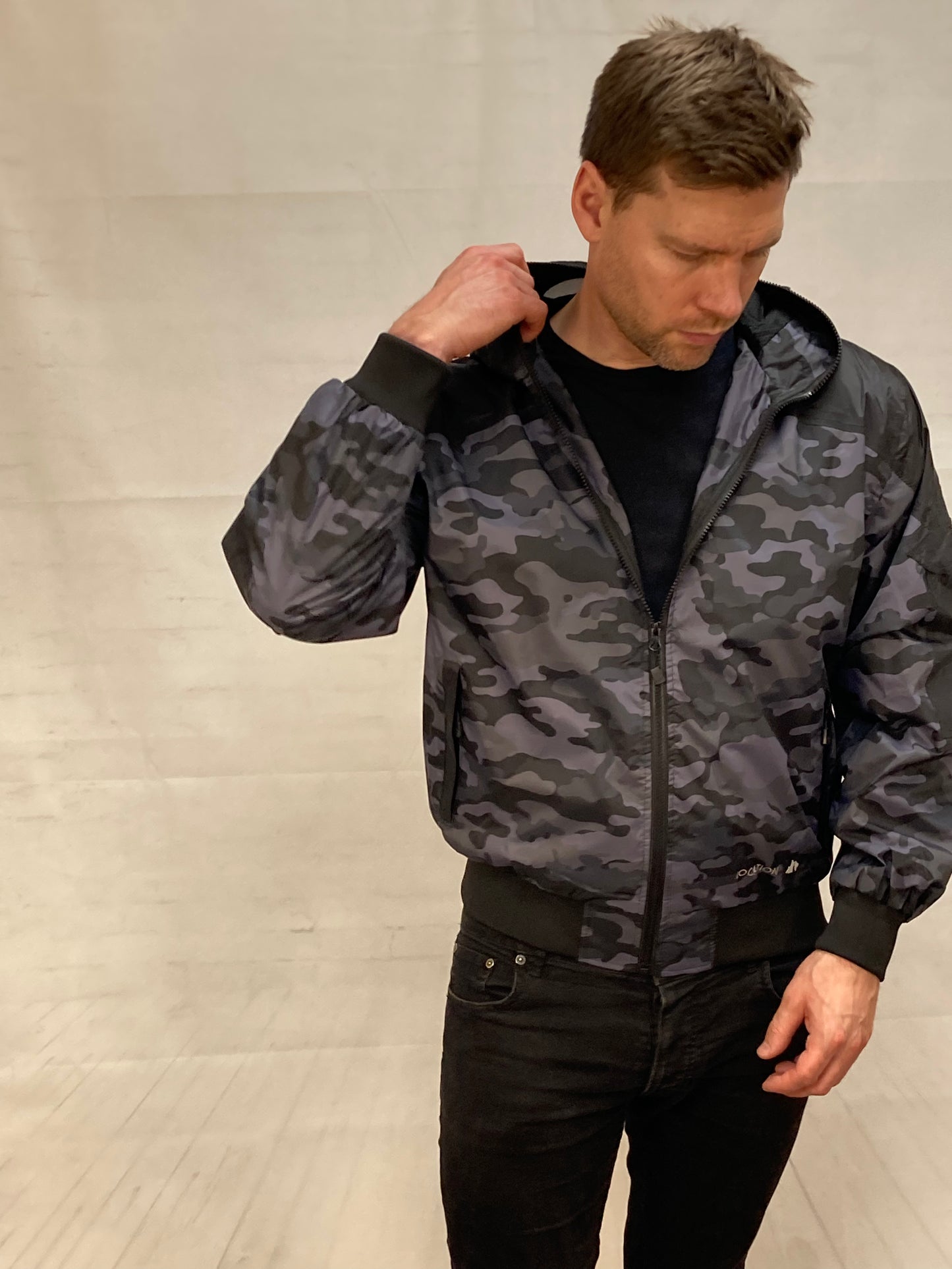 Hunter WR Goggle Bomber Jacket Camo and Black Bomber Jacket Location Clothing