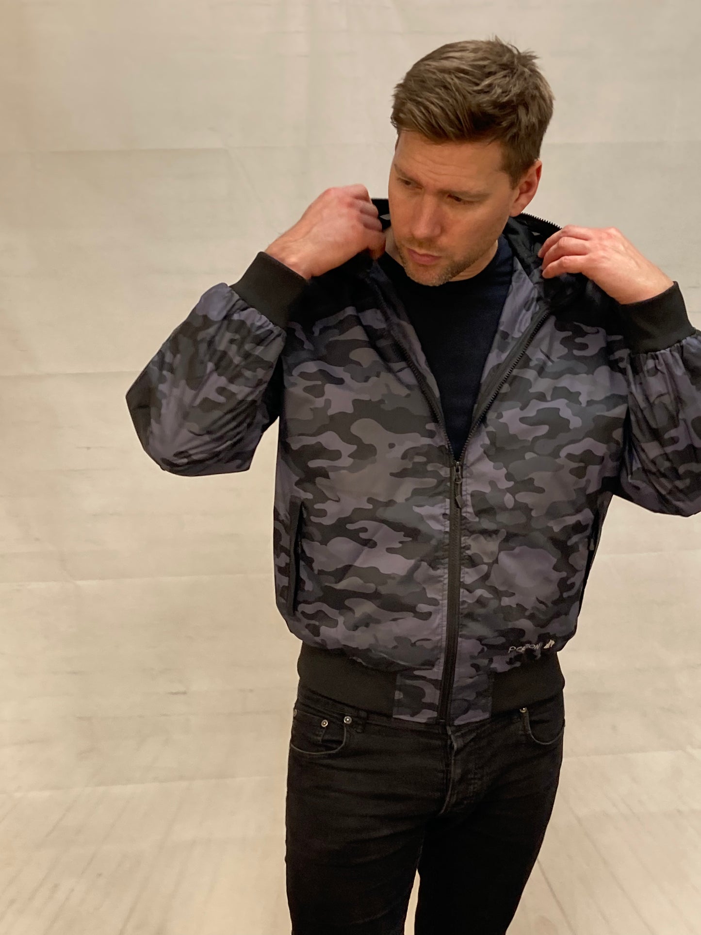 Hunter WR Goggle Bomber Jacket Camo and Black Bomber Jacket Location Clothing