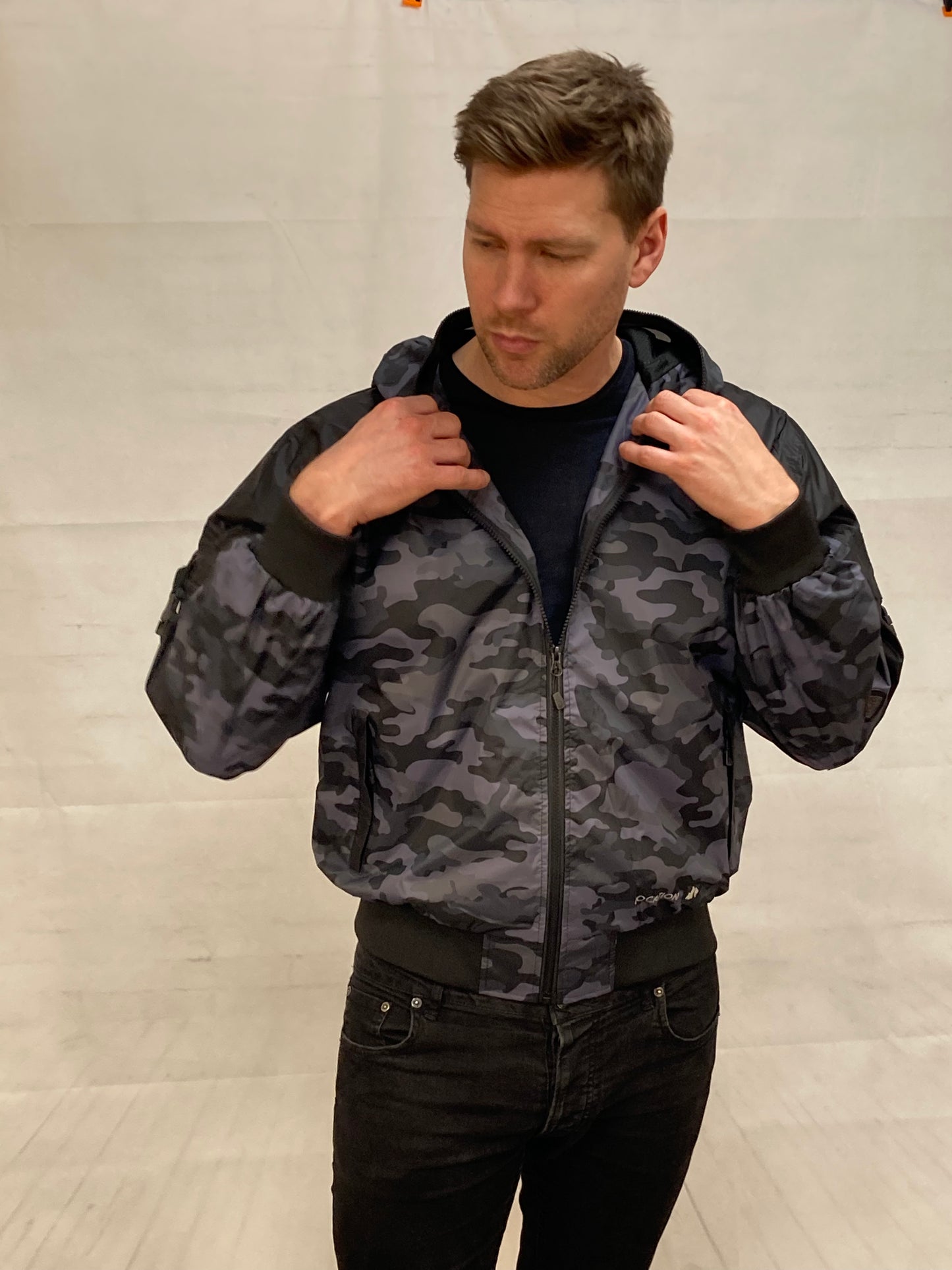 Hunter WR Goggle Bomber Jacket Camo and Black Bomber Jacket Location Clothing