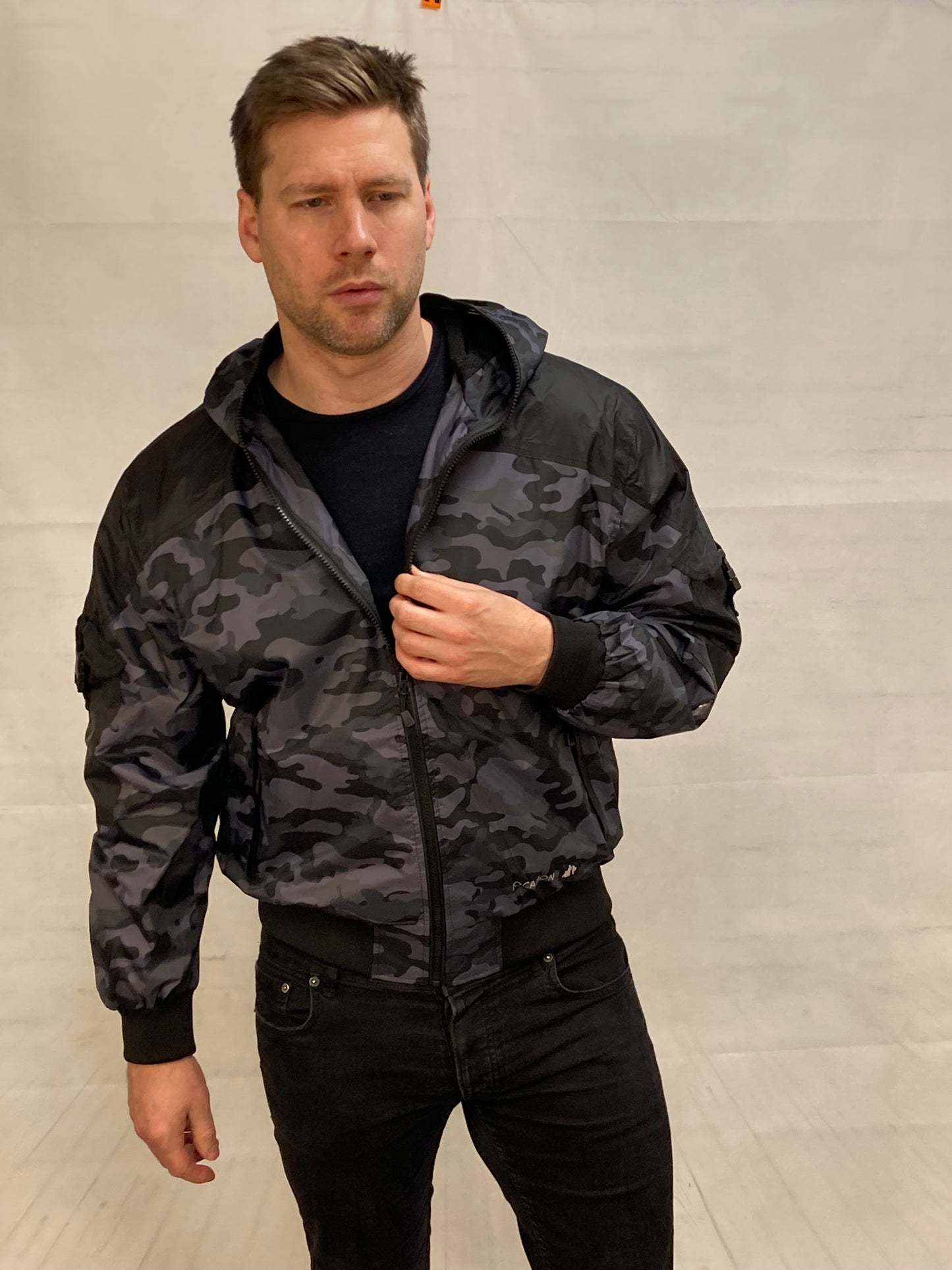 Hunter WR Goggle Bomber Jacket Camo and Black Bomber Jacket Location Clothing