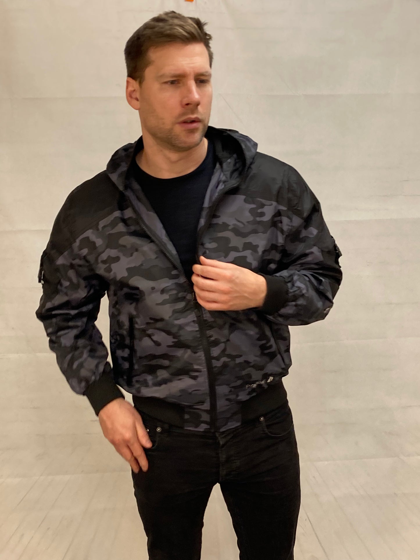 Hunter WR Goggle Bomber Jacket Camo and Black Bomber Jacket Location Clothing