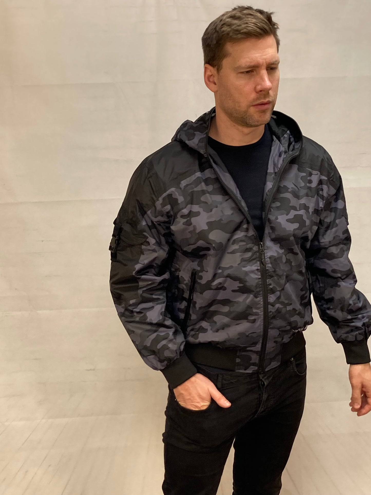 Hunter WR Goggle Bomber Jacket Camo and Black Bomber Jacket Location Clothing
