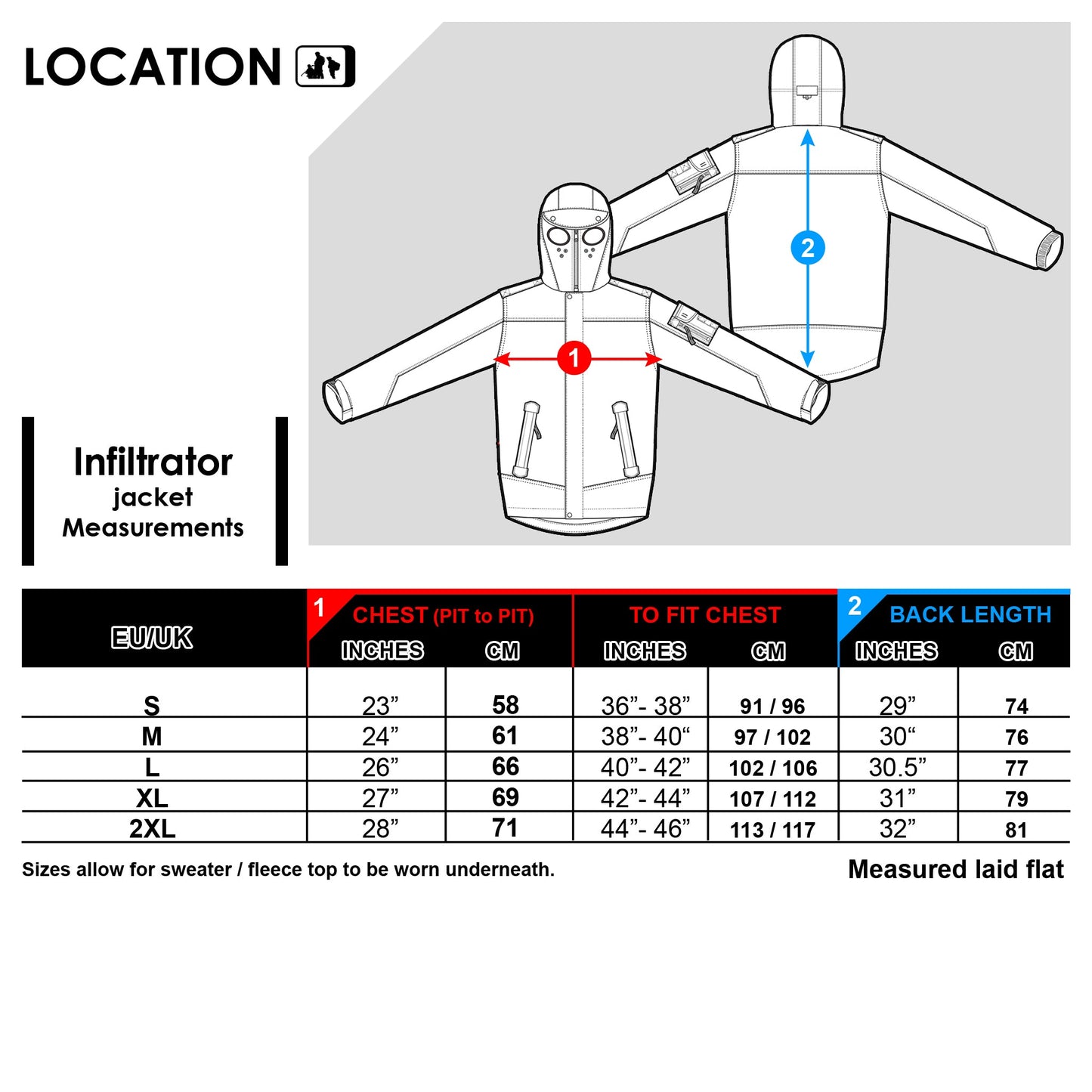 Infiltrator Longer Goggle Jacket Black and Camo Jacket Infiltrator_jacket_2023_size_specs_copy Location Clothing