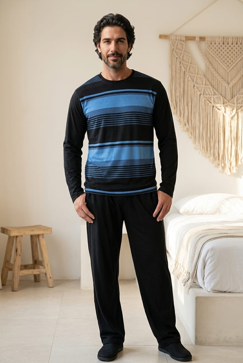Crest Pyjamas Set Black Blue Pyjamas CRESTBLUE1 Location Clothing