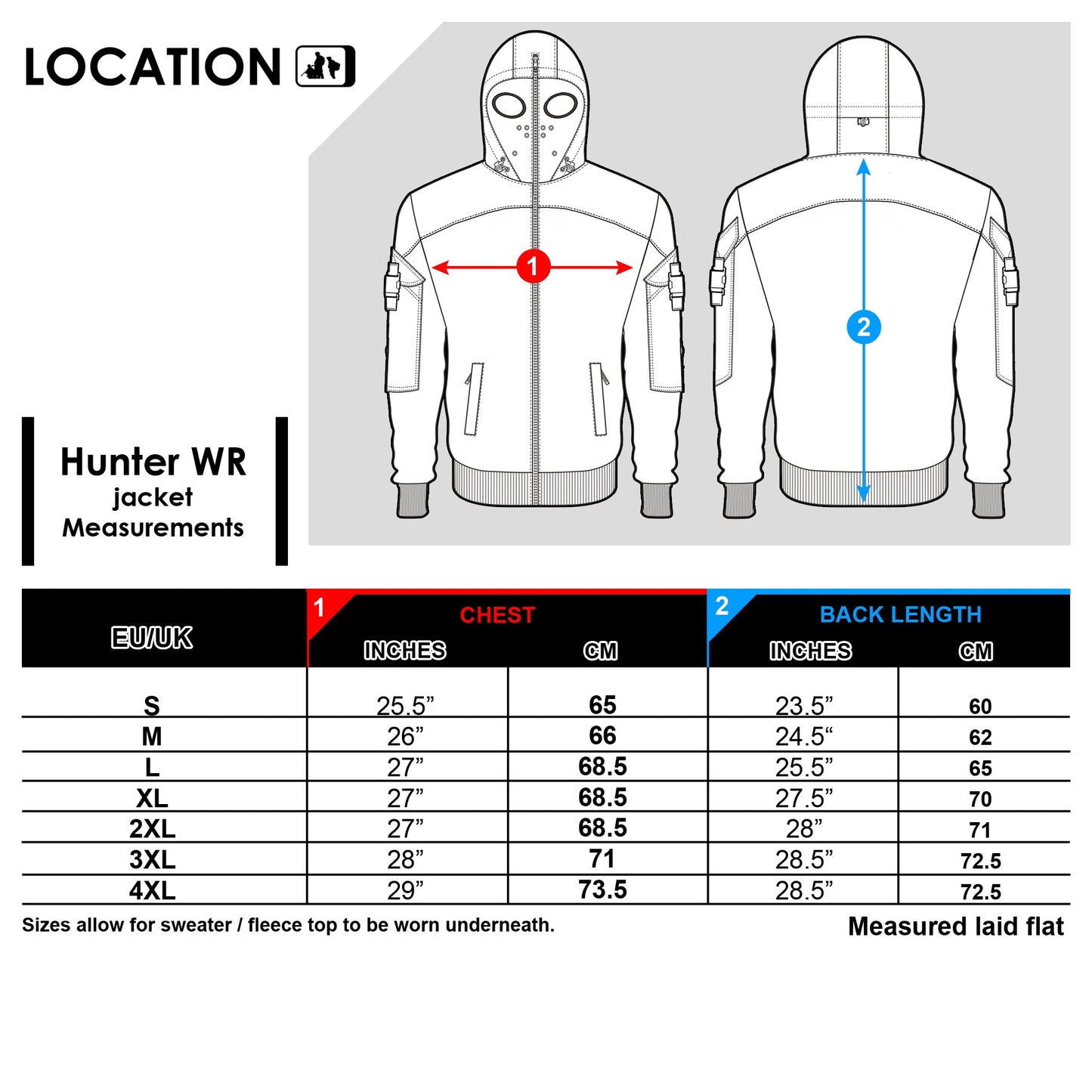 Hunter WR Goggle Bomber Jacket Camo and Black Bomber Jacket Hunter_WR_size_specs_copy Location Clothing