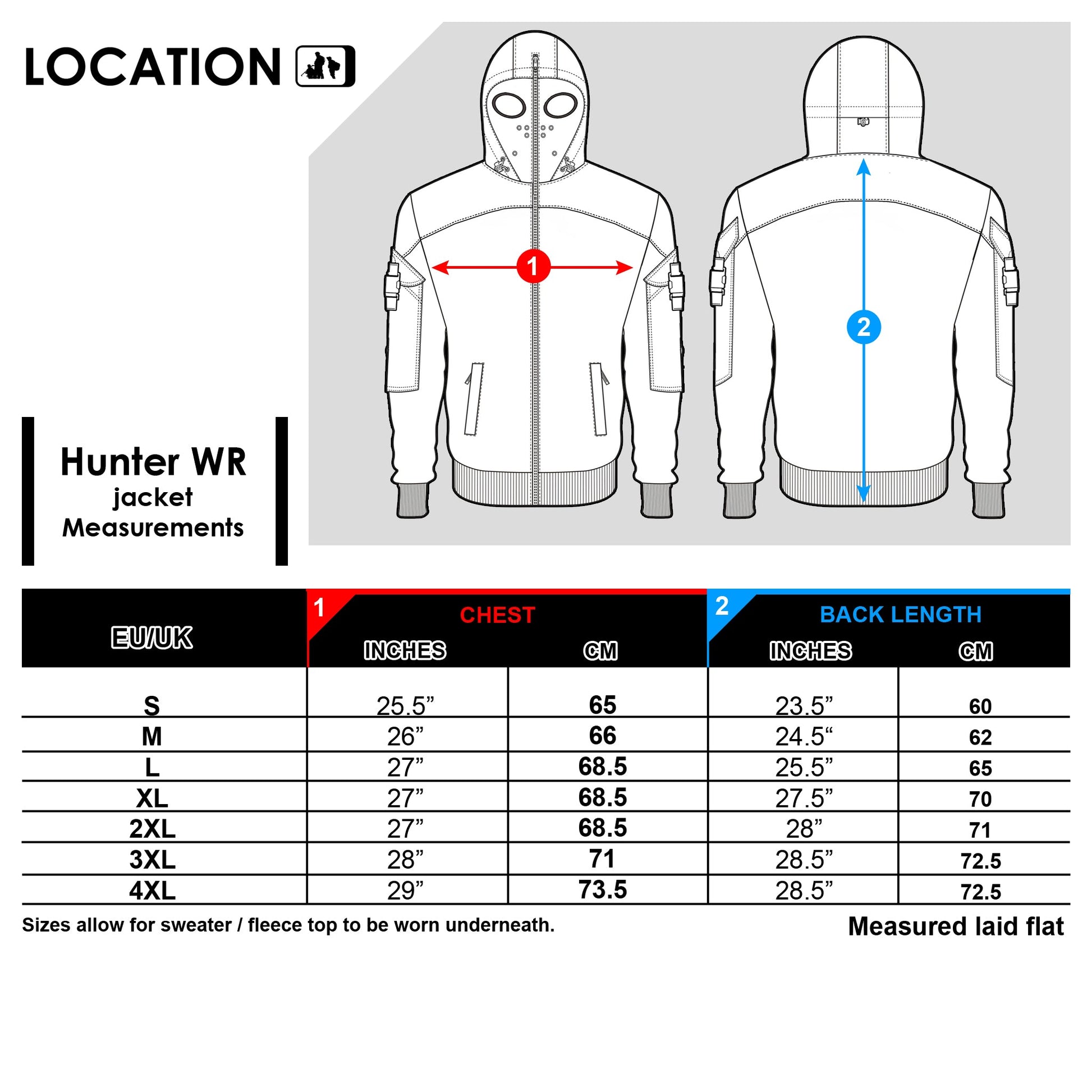 Hunter WR Goggle Bomber Jacket Camo and Black Bomber Jacket Hunter_WR_size_specs_copy Location Clothing