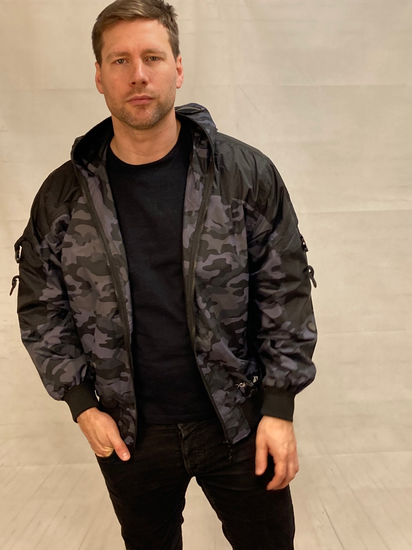 Hunter WR Goggle Bomber Jacket Camo and Black Bomber Jacket Location Clothing