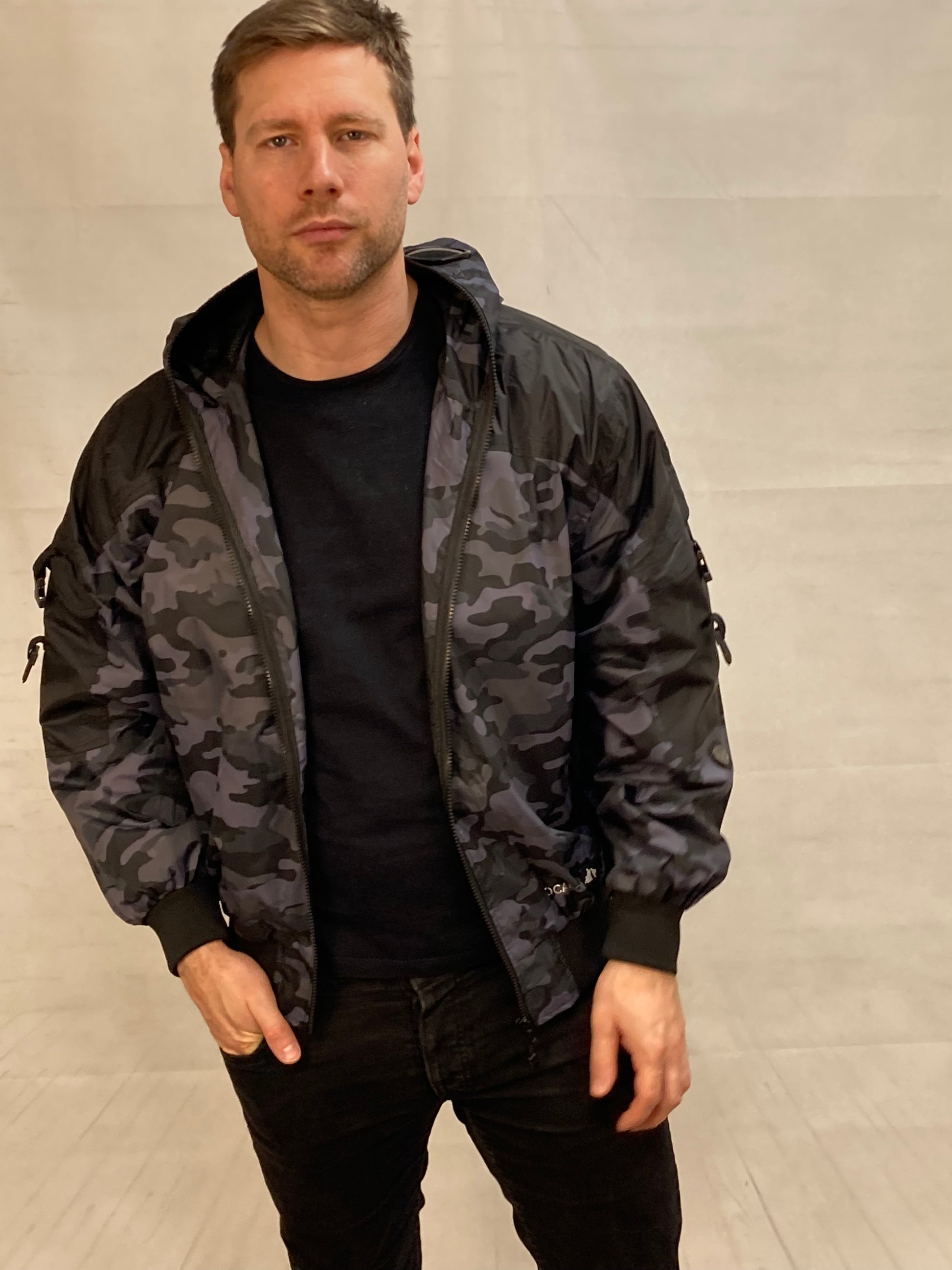 Hunter WR Goggle Bomber Jacket Camo and Black Bomber Jacket Location Clothing