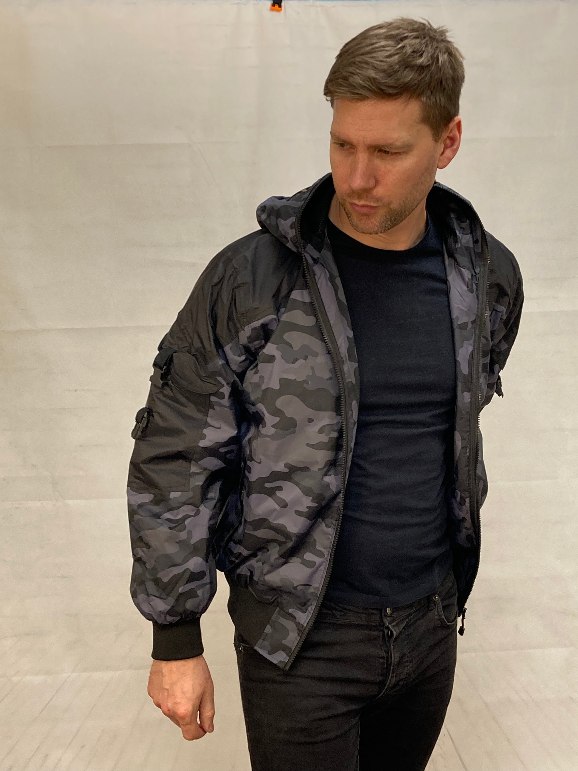 Hunter WR Goggle Bomber Jacket Camo and Black Bomber Jacket Location Clothing