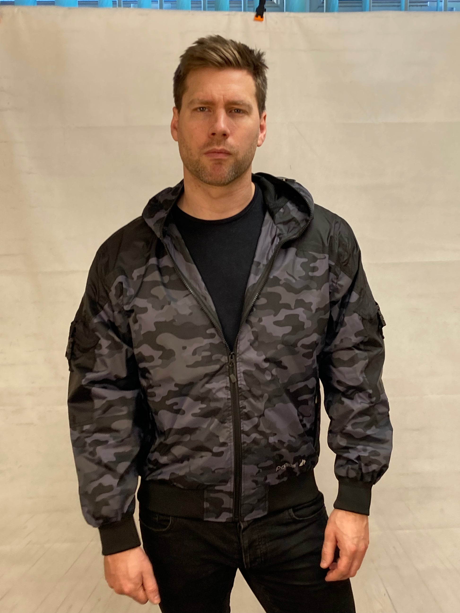 Hunter WR Goggle Bomber Jacket Camo and Black Bomber Jacket Location Clothing