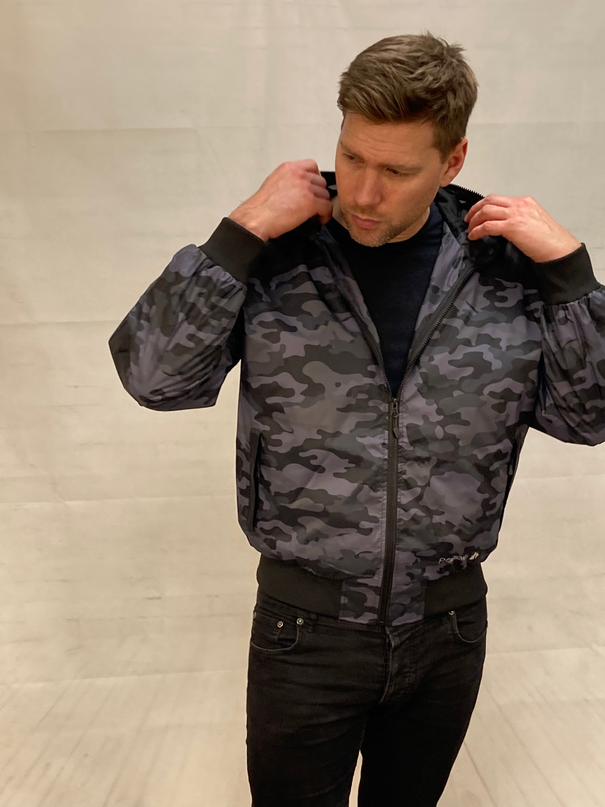 Hunter WR Goggle Bomber Jacket Camo and Black Bomber Jacket Location Clothing