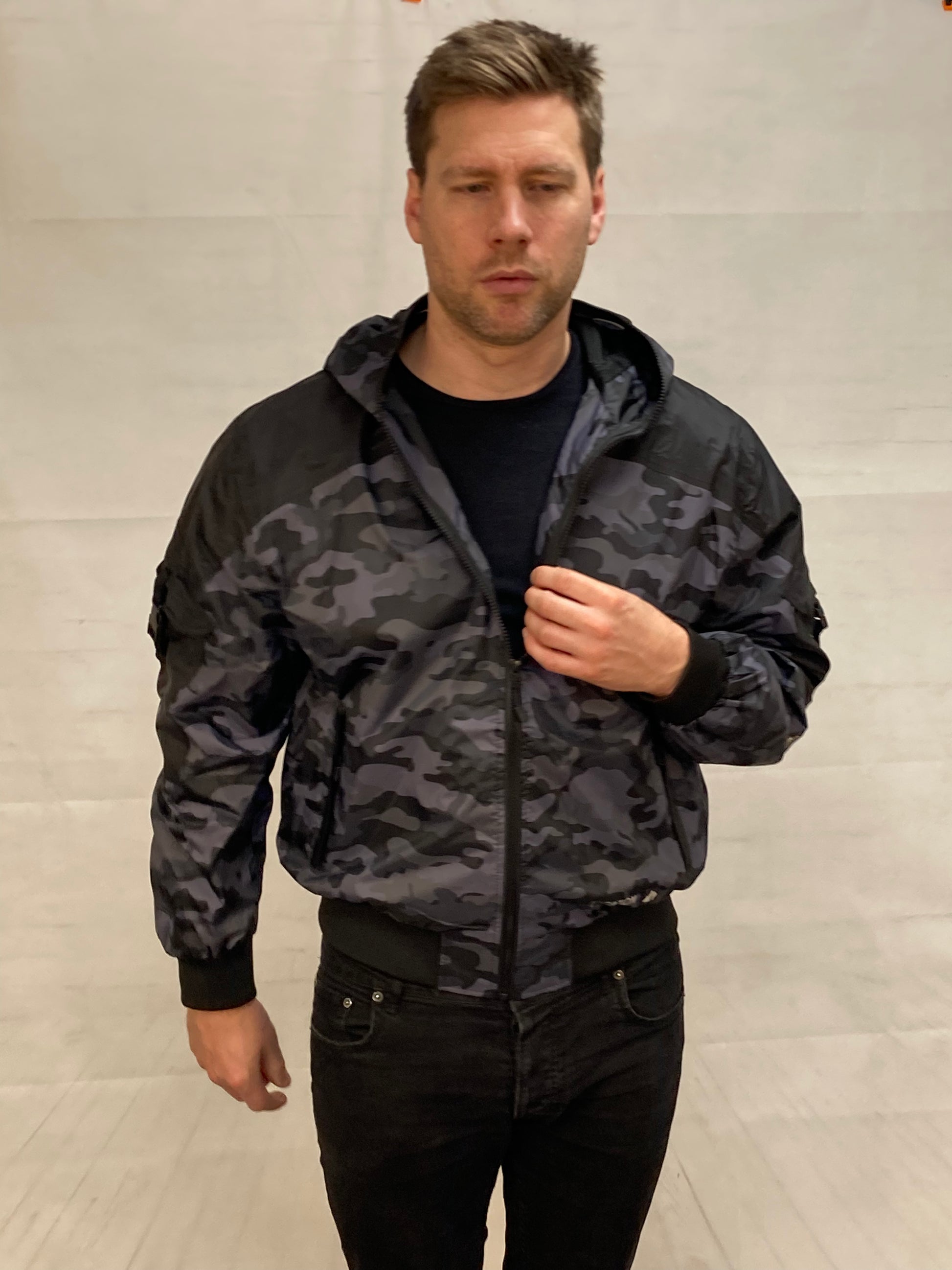 Hunter WR Goggle Bomber Jacket Camo and Black Bomber Jacket Location Clothing