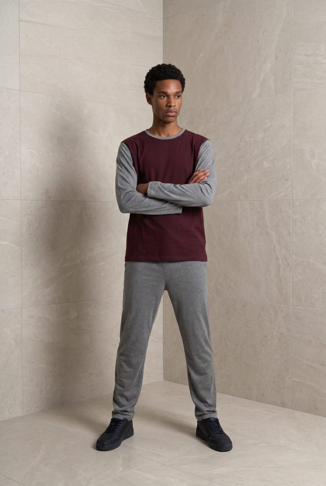 Royale Pyjamas Set H-Grey Burgundy Pyjamas ROYGREYBURG2 Location Clothing